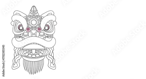 Decorative lion dance mask in line art style for lunar new year  