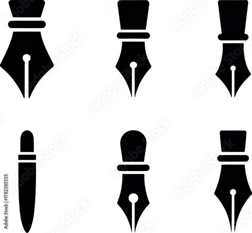 Collection of six different fountain pen nib icons in black and white representing writing and calligraphy tools