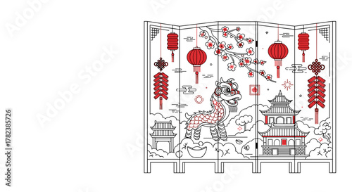 Lunar New Year line art depicting festive decorations and symbols  Chinese folding screen