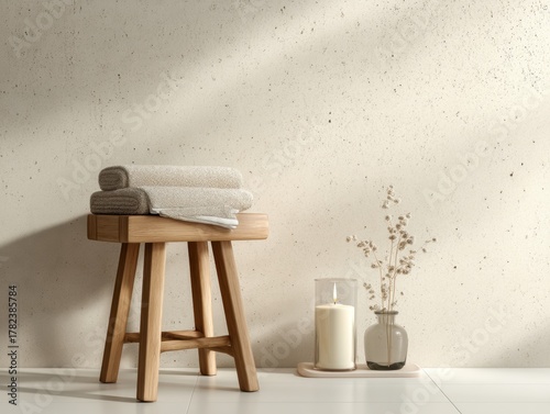 A wooden stool with a white towel on top of it. A candle is on a table next to the stool
