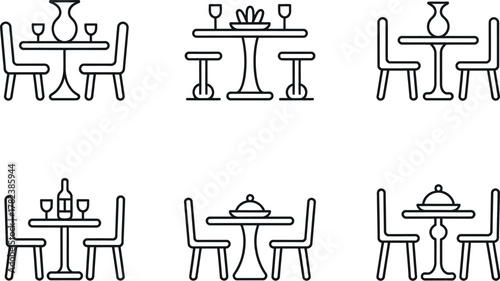 Line art illustration of dining tables and chairs arrangements for restaurant interior design and furniture layout
