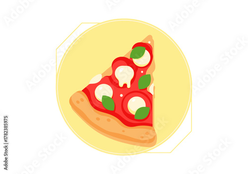 A delicious slice of Italian Margherita pizza with fresh mozzarella, basil, and tomato sauce. Vector illustration icon for food menus and delivery services