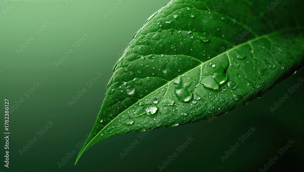 Fototapeta premium Green leaf with water droplets, showcasing freshness and vitality