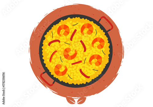 Vibrant paella dish with succulent shrimp and savory rice in a rustic pan, a delicious and traditional Spanish meal illustration for culinary themes
