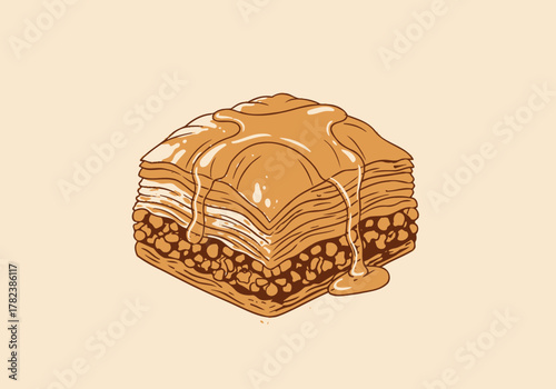 Delicious, layered baklava pastry with dripping honey, a sweet treat illustration against a soft background