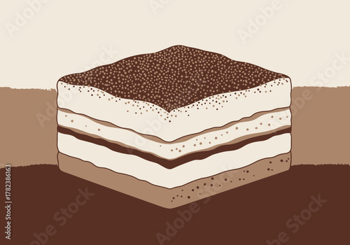 Illustration of a delightful layered dessert, featuring distinct coffee-soaked base, creamy filling, and a generous cocoa powder topping. A delicious sweet treat concept