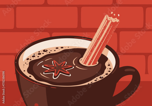 A comforting dark spiced drink in a ceramic mug, adorned with a cinnamon stick and star anise, set against a rustic red brick wall background, perfect for warmth