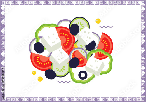 Flat design vector illustration of a traditional Greek salad with feta cheese, tomatoes, olives, and fresh vegetables, representing healthy Mediterranean cuisine