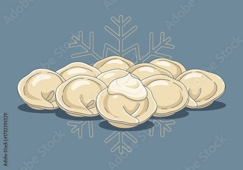Dumplings with Sour Cream and Snowflake Illustration A Delicious Frozen Food Concept