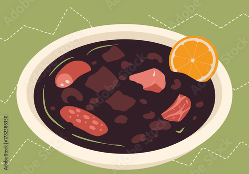 Appetizing illustration of a delicious traditional hearty black bean stew, showcasing rich, savory meats and a fresh orange slice, symbolizing a comforting and authentic culinary experience
