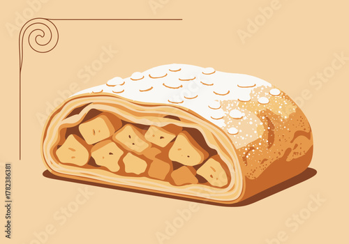 A delicious slice of traditional homemade apple strudel with a flaky crust and sweet filling, dusted with powdered sugar in a vector illustration style
