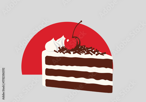 Indulgent Dessert Delight A Delectable Slice of Chocolate Cherry Cake with Rich Frosting and Shavings, Perfect for Sweet Cravings