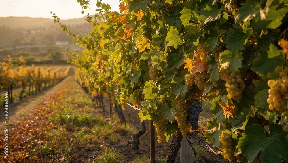 Fototapeta premium Grapevines in a Vineyard during Autumn, showcasing healthy fruit growth