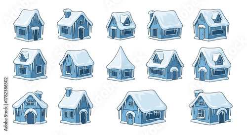 Collection of charming cartoon houses covered in thick snow and icicles, isolated on a white background, perfect for winter-themed designs, websites, books, cards, and apps, offering a variety of