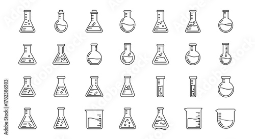 A collection of minimalistic thin outline icons representing various laboratory flasks and beakers, perfect for web design, graphic design, apps, banners, social networks, and cards. This vector