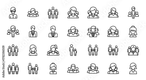 Diverse collection of people line icons, representing individuals and groups in various formations, perfect for web, app, and presentation design. This ordered set features simple, clean vector
