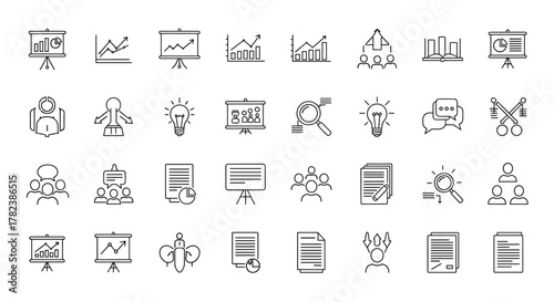 Collection of outline icons representing business presentations, data analysis, teamwork, and strategy, perfect for infographics, articles, books, flyers, and banners, featuring editable strokes for