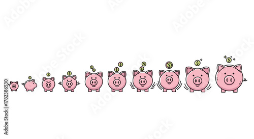 Collection of cartoon piggy banks in increasing sizes, with coins dropping into some, representing savings growth and financial planning, perfect for infographics, articles, books, flyers, and