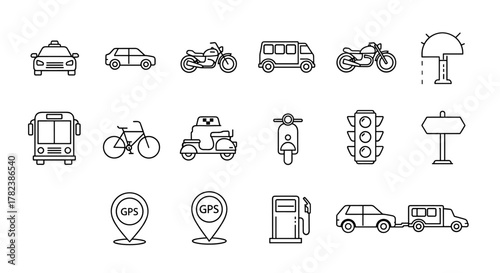 Collection of clean, modern line art icons representing various modes of road transport and related elements, set against a crisp white background for easy integration into diverse design projects.