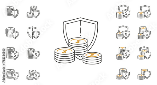 Collection of linear icons and illustrations depicting stacks of coins protected by shields, symbolizing financial security, investment safety, and secure transactions, suitable for web design, apps