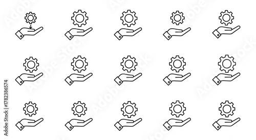 Set of simple line art icons depicting a hand holding a gear, symbolizing industry, technology, and mechanical solutions. These versatile graphics are perfect for business, engineering, and app