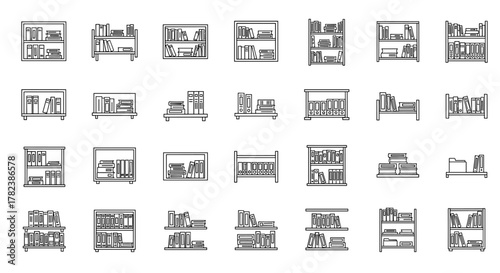 Collection of simple line art icons representing various types of bookshelves and document storage, including book shelves, filing cabinets, and stacked papers, perfect for infographics, articles