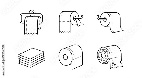 Set of six simple line art icons representing toilet paper in various forms: on a holder, partially unrolled, a stack of sheets, and a full roll, all presented on a clean white background for