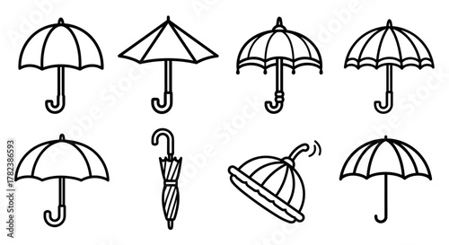 Collection of eight simple black and white outline illustrations of umbrellas and parasols, showcasing various designs including open, closed, and tilted styles, perfect for graphic design, web