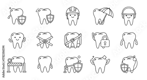 Collection of cartoon tooth icons representing dental protection, health, and care, featuring elements like shields, helmets, umbrellas, locks, and safety barriers, perfect for graphic design, web