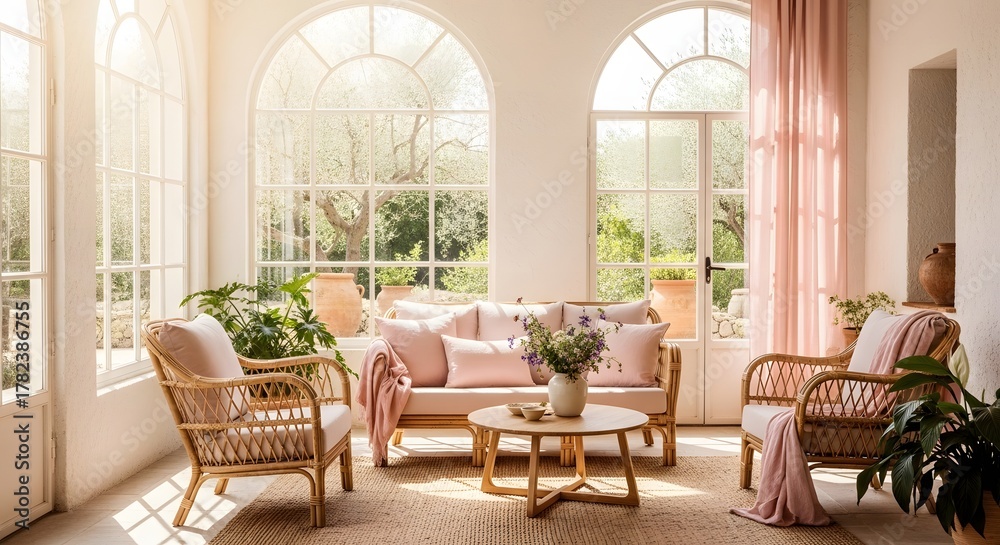 Fototapeta premium Sunlit living room with wicker furniture and pink accents in a modern house