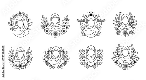 Set of eight elegant line art illustrations featuring women wearing hijabs adorned with delicate floral and leaf motifs, presented as a cohesive logo design collection on a clean white background