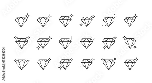 Modern minimalist shining diamond logo vector cartoon illustration with a white background, ordered set of line icons, try to avoid text, set on a white background, graphic resources, luxury, gem
