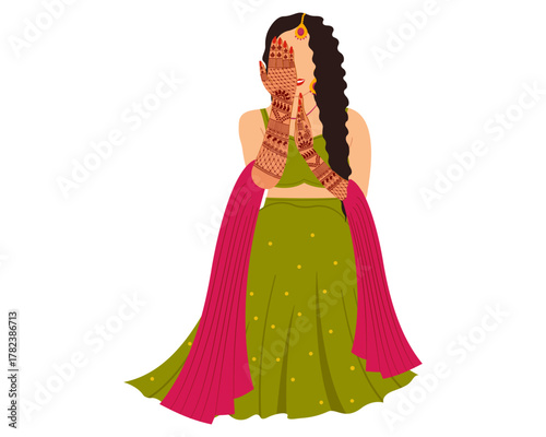 Traditional Indian wedding bride celebrating mehendi ceremony illustration for wedding invitation