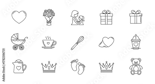 A delightful collection of line-style icons perfect for celebrating Mother's Day, featuring a heartwarming heart, a beautiful bouquet, a loving mother and child embrace, gift boxes, a baby stroller