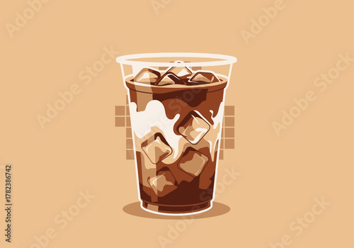 A vibrant vector illustration of a refreshing iced coffee, with swirling cream and ice cubes in a takeaway cup, representing a cool summer beverage concept
