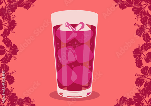 Refreshing Tall Glass of Iced Berry Drink Surrounded by Tropical Hibiscus Flowers on a Coral Background