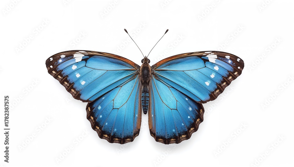 Fototapeta premium A charming blue monarch butterfly set against a plain white backdrop