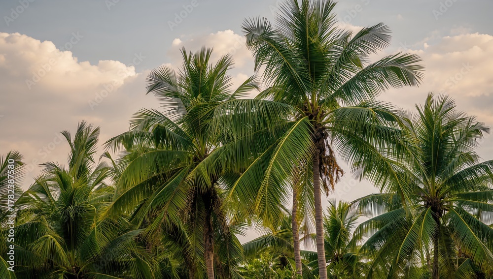 Fototapeta premium Coconut trees set against a cloudy white backdrop, ideal for nature-themed designs