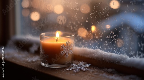 A candle glows warmly on a snowy windowsill, creating a cozy winter scene with bokeh lights
