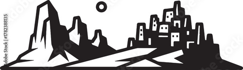 Stylized desert landscape with rock formations and a city silhouette