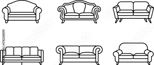 Collection of six sofa line art illustrations showcasing various modern and classic couch designs on a white background