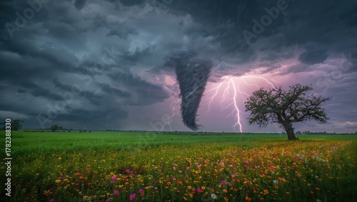 Fototapeta Naklejka Na Ścianę i Meble -  Flowery meadow under a stormy sky with twister and lightning, erosion risk