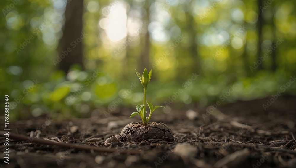 Fototapeta premium Tiny plant sprout emerging from soil, symbolizing growth and renewal