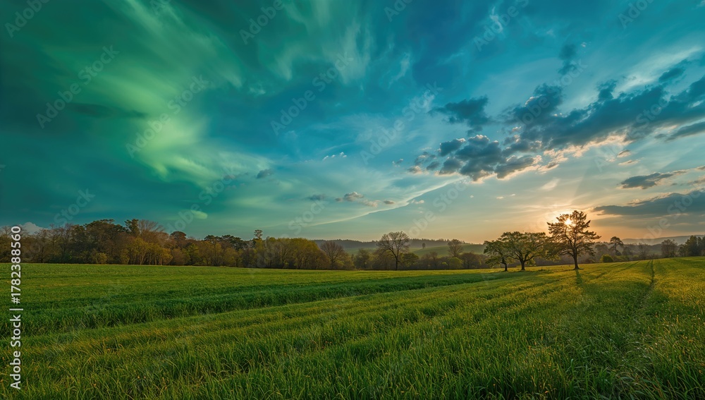 Obraz premium Breathtaking landscape with a captivating green and blue sky, ideal for nature immersion