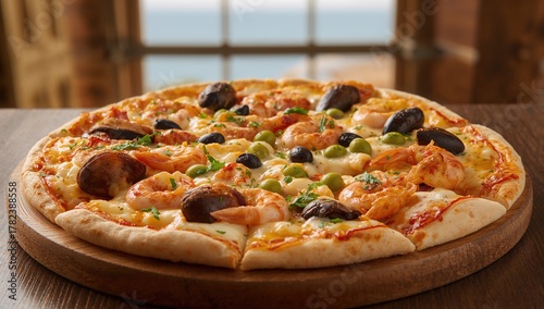Pizza topped with seafood a...
