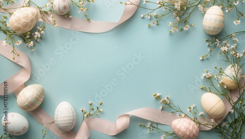 Easter-themed arrangement featuring elegant eggs and willow branches on a soft blue backdrop, suitable for festive design