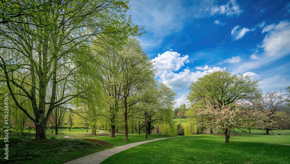 Obraz premium A tranquil park showcases colorful trees beneath a clear sky with stone paths, ideal for relaxation and outdoor activities