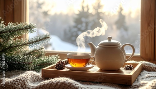 Cozy winter scene with steaming tea by the window invites relaxation and warmth, perfect for lifestyle, seasonal, and wellness content creation