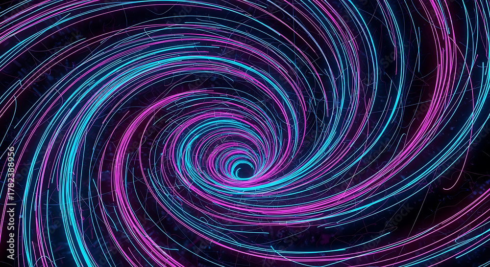 Fototapeta premium Swirling neon light trails in a dark vortex abstract background spiral