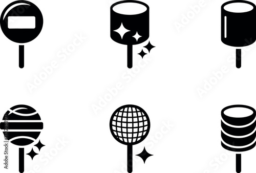 Collection of stylized lollipop icons in black and white showcasing various candy designs and sparkling accents